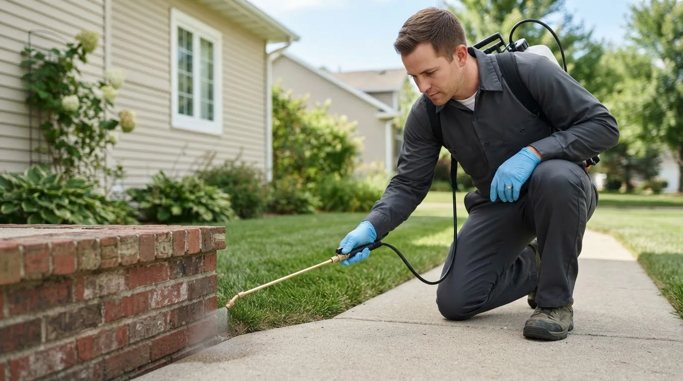 Pest control technician treating a home near Swanton, OH